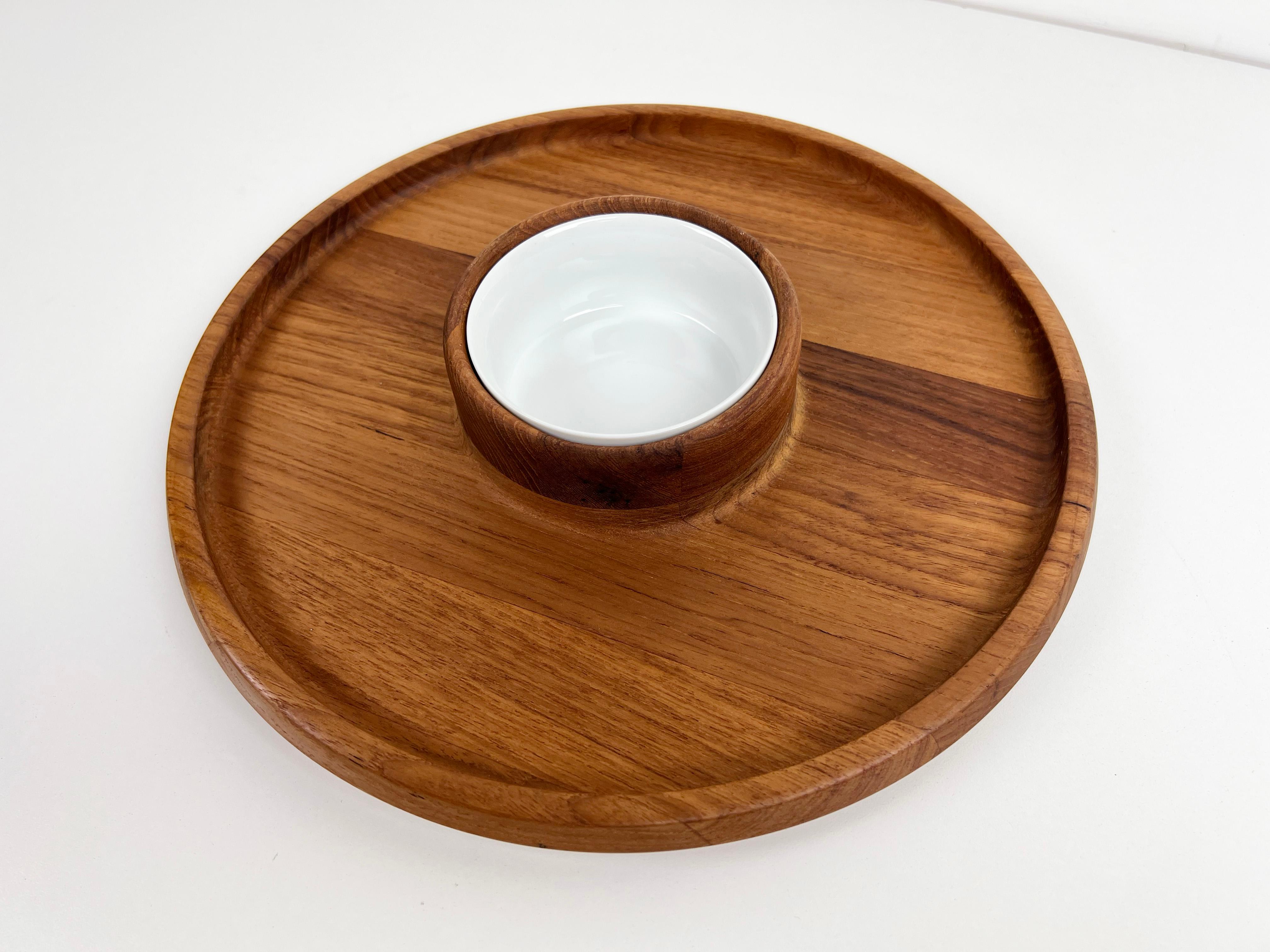 Scandinavian Modern Dansk Round Teak Serving Tray with Ceramic Ramekin