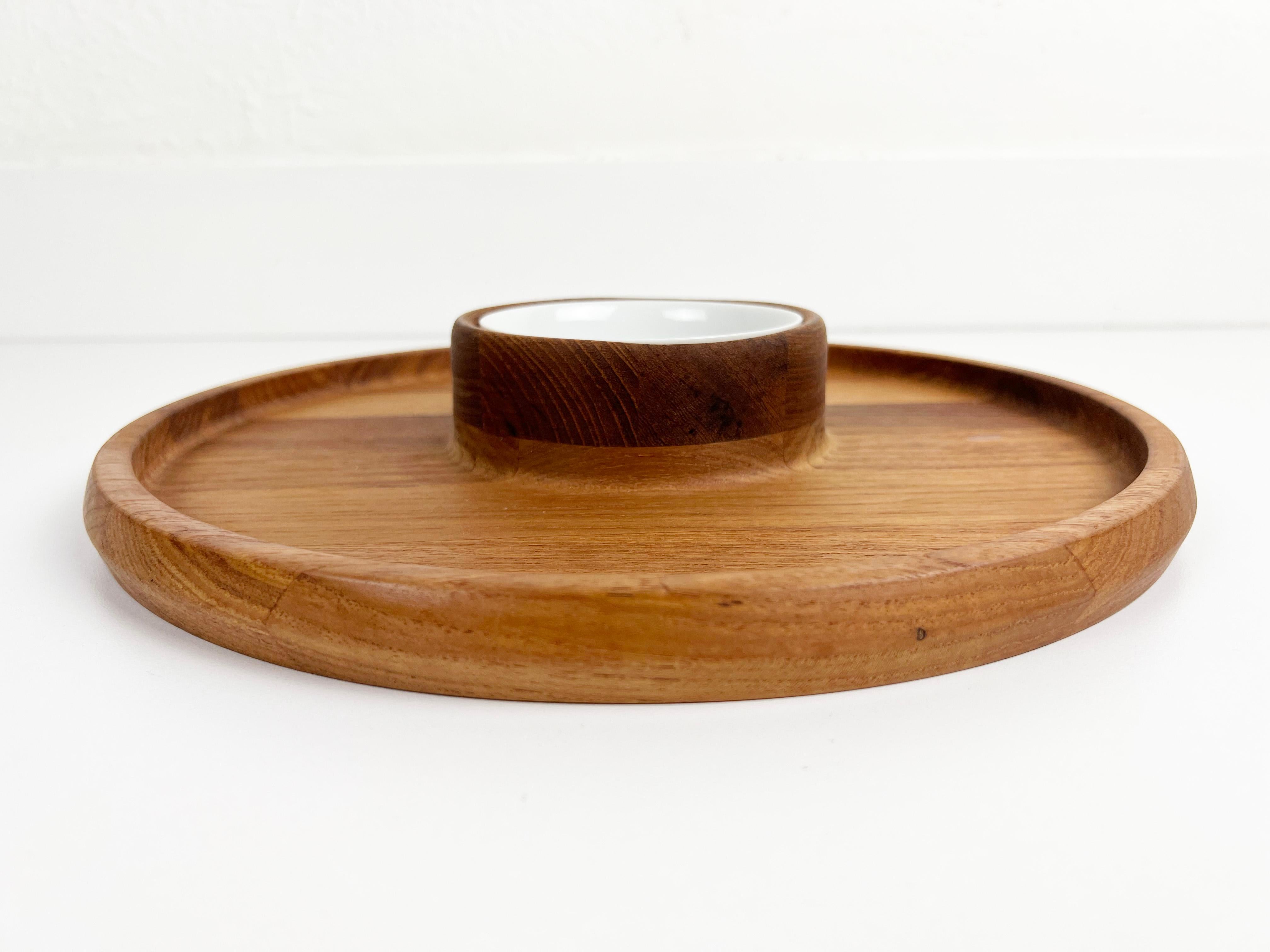 Danish Dansk Round Teak Serving Tray with Ceramic Ramekin