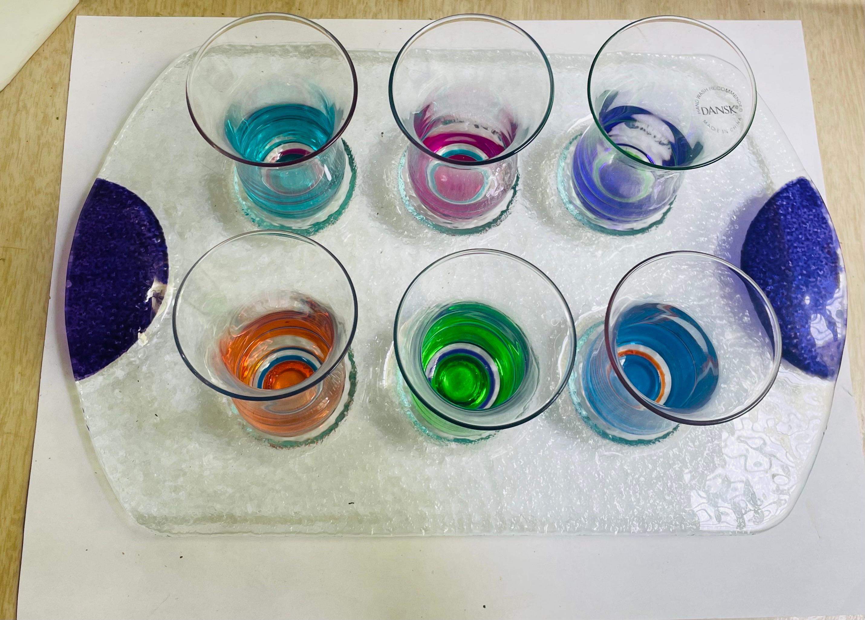 Modern Dansk Spectra Cordials Set W/Tray Crystal Colorful Art Glass Shot Glasses For Sale