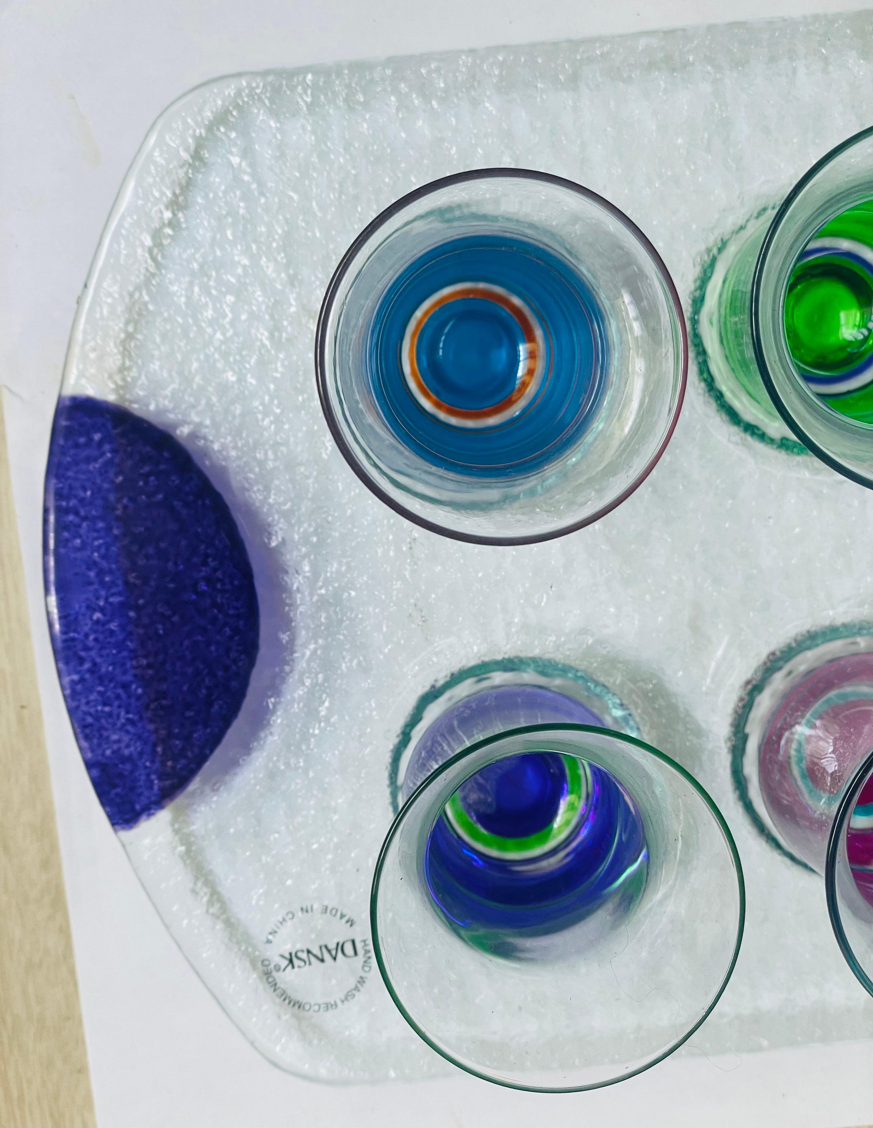 Contemporary Dansk Spectra Cordials Set W/Tray Crystal Colorful Art Glass Shot Glasses For Sale