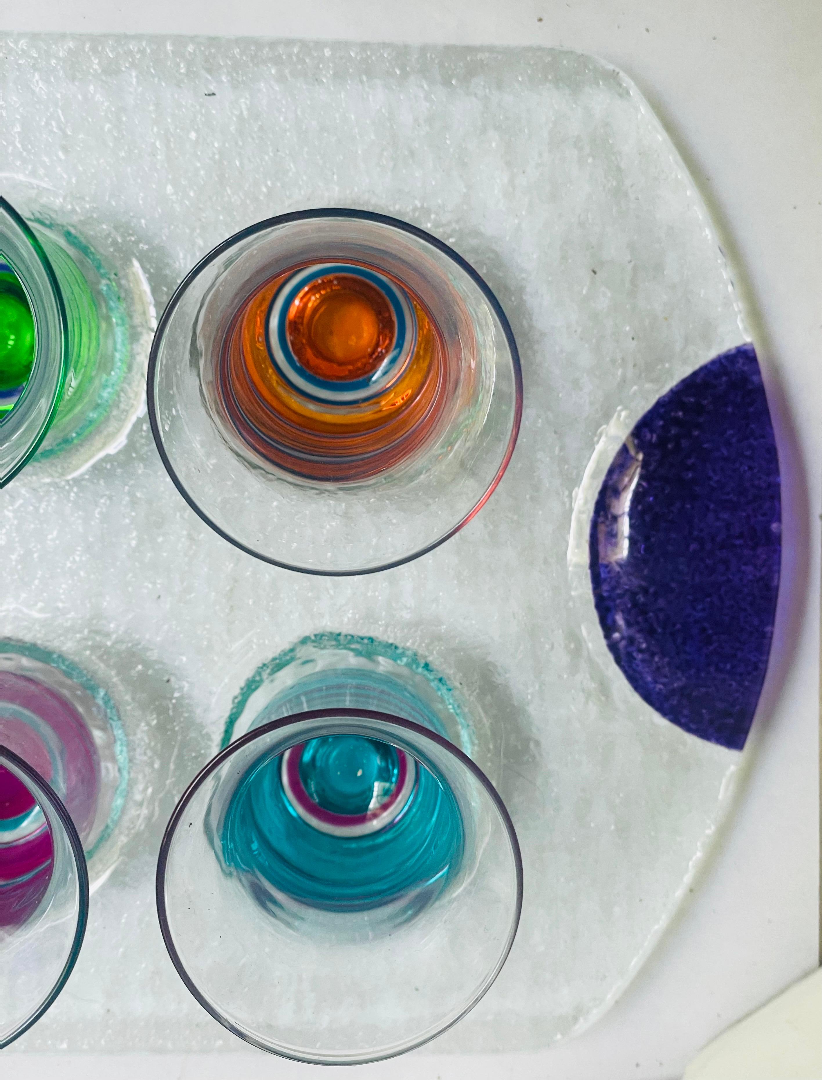 Dansk Spectra Cordials Set W/Tray Crystal Colorful Art Glass Shot Glasses For Sale 2