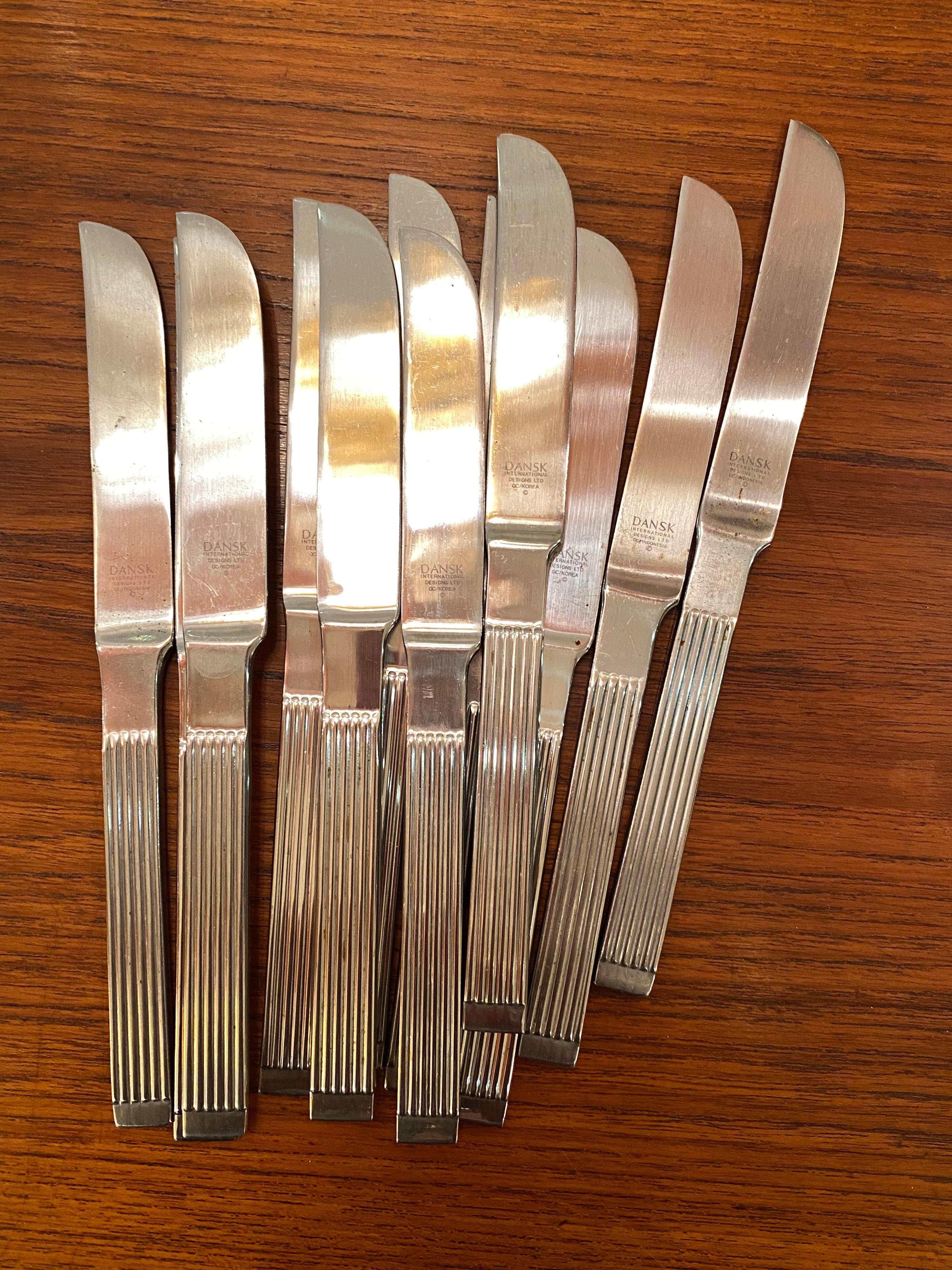 Dansk Thebe stainless flatware set. Service for 10 with one small additional knife. Actually service for 12 except for salad forks. 1970s design, this set probably produced in the 1980s, marked Korea stainless is very nice clean condition.