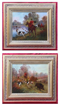 Antique Huntings With Retrievers in pair