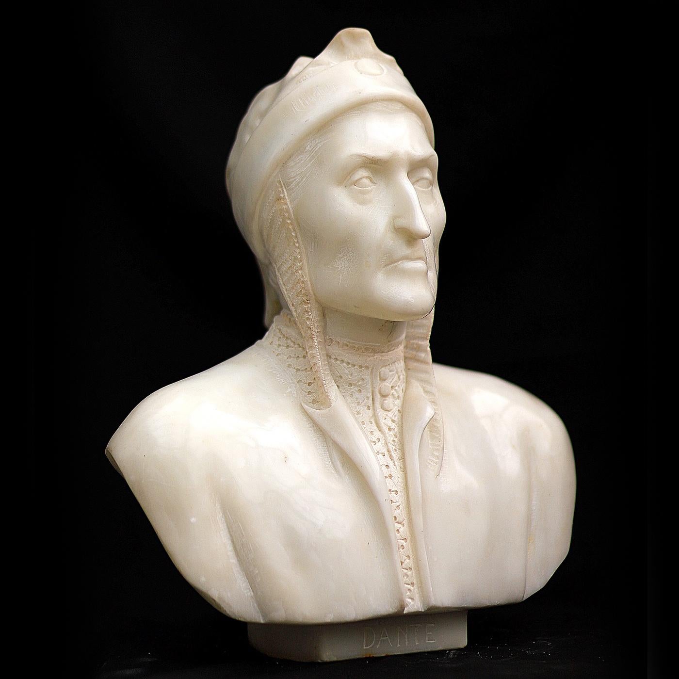 This handmade marble bust is a lifelike portrayal of Dante Alighieri, the world-famous Florentine writer known as the father of the Italian language. The artist is portrayed in a classical pose highlighting his somber, angular facial features and