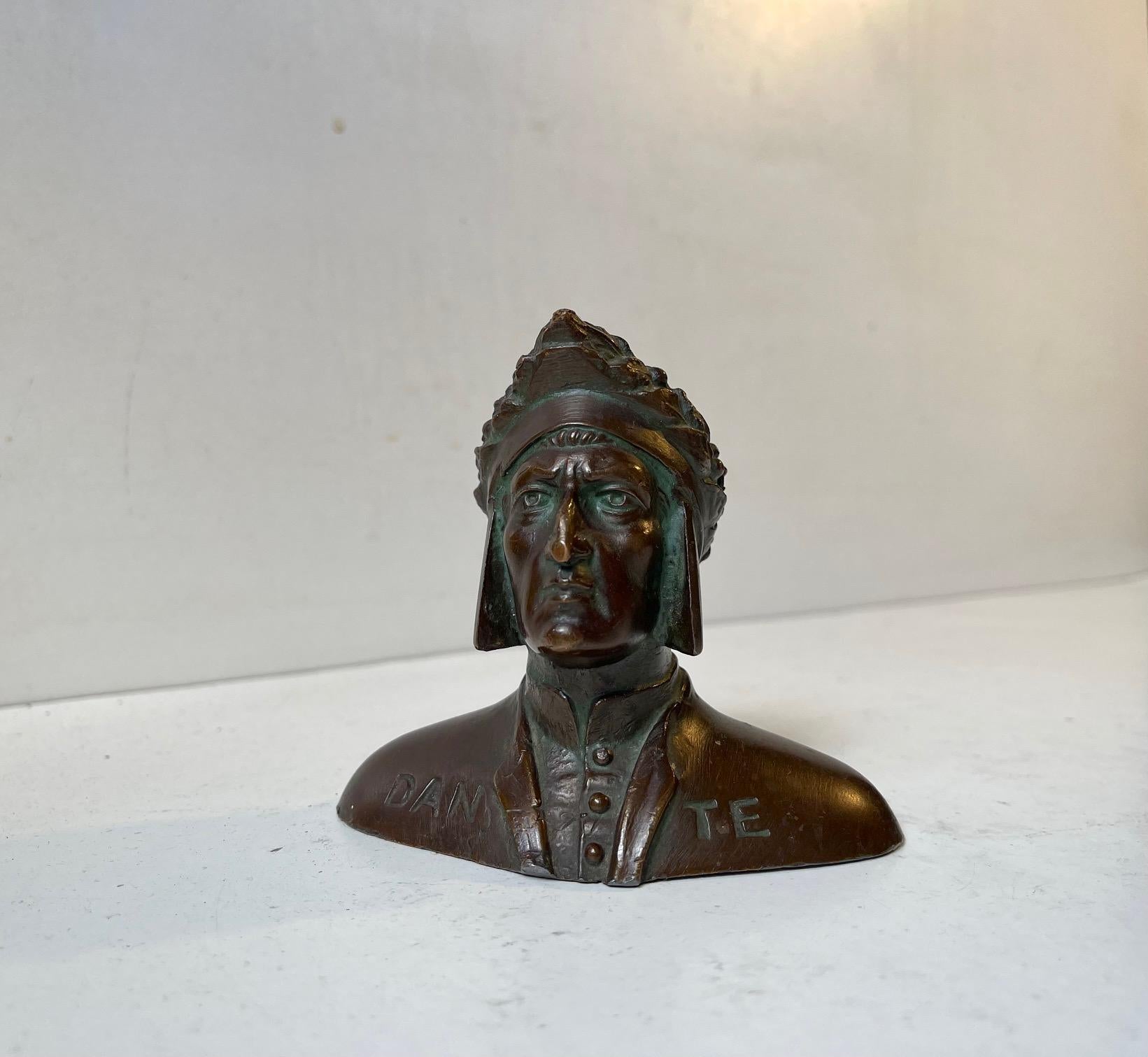 A skillfully cast miniature buste of the Italian Poet Dante Alighieri. It is a Grand Tour item meaning it was purchased by travelers through Europe: Rome, Venice, Paris, Vienna - during the 19th century or earlier. This particular example was made