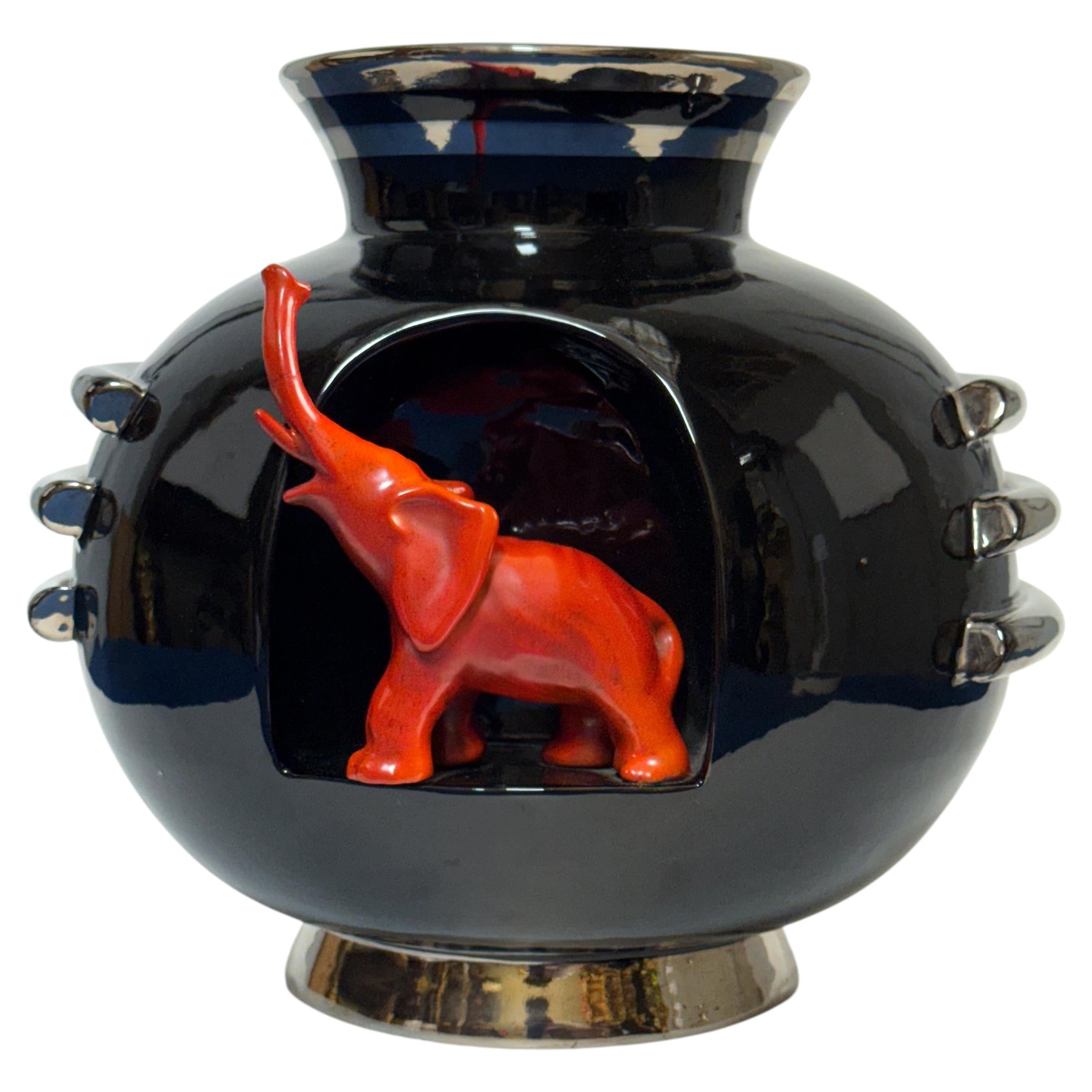 Dante Baldelli for Deruta Metaphysical Art Deco Ceramic "Elephant" Vase, 1935 For Sale