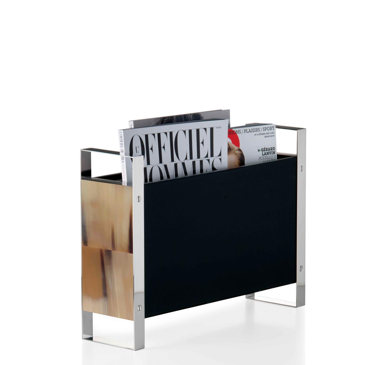 Lacquered Dante Magazine Rack in Corno Italiano, Wood and Stainless Steel, Mod. 1435 For Sale