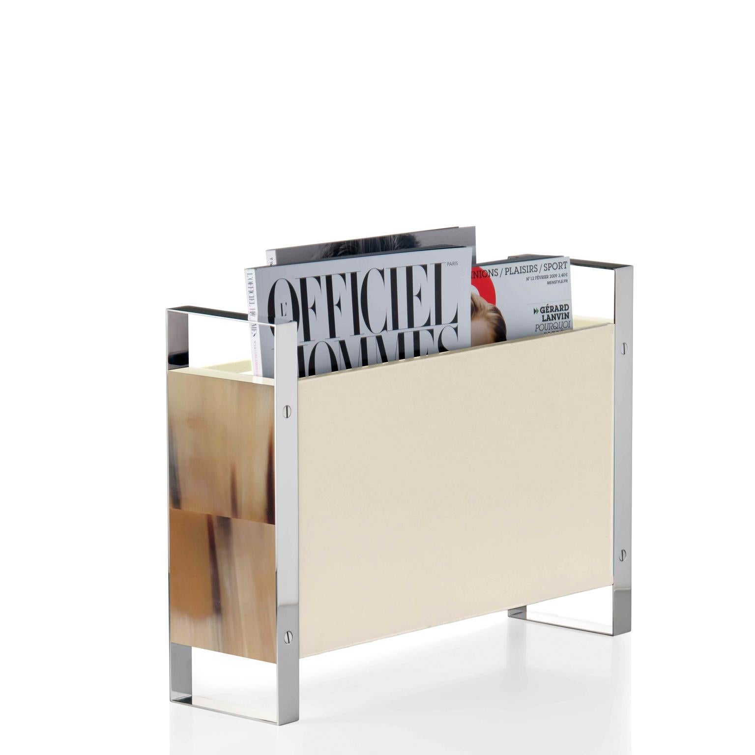 Contemporary Dante Magazine Rack in Corno Italiano, Wood and Stainless Steel, Mod. 1435 For Sale