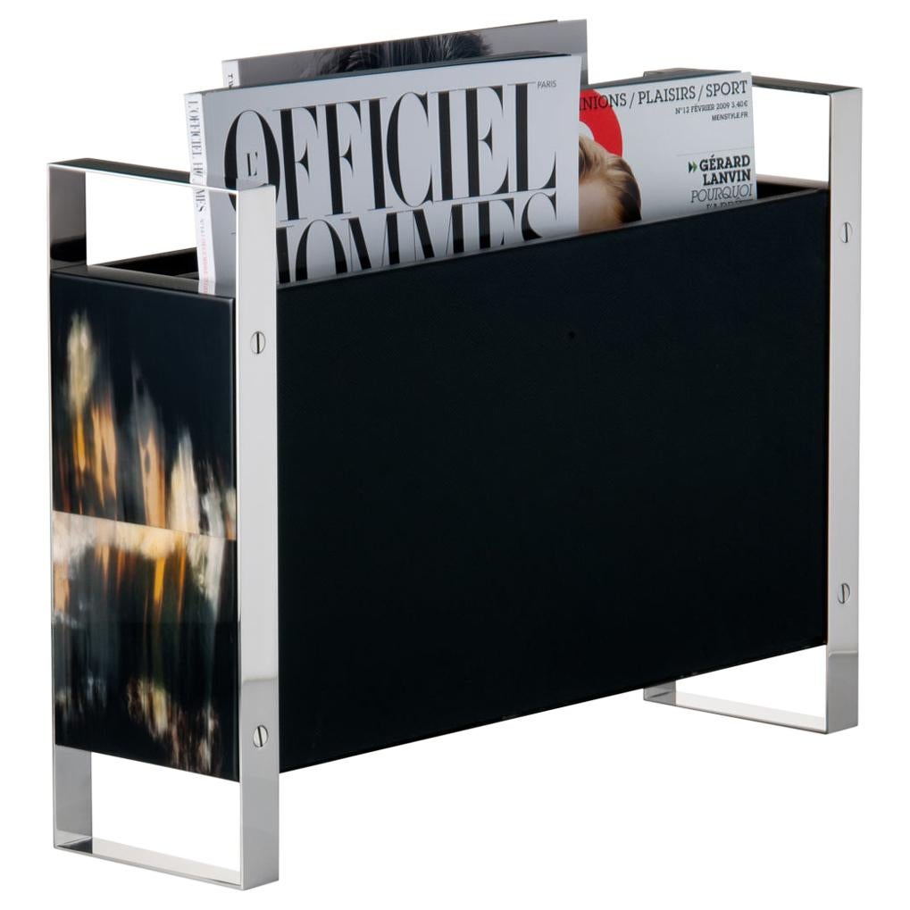 Dante Magazine Rack in Corno Italiano, Wood and Stainless Steel, Mod. 1435 For Sale