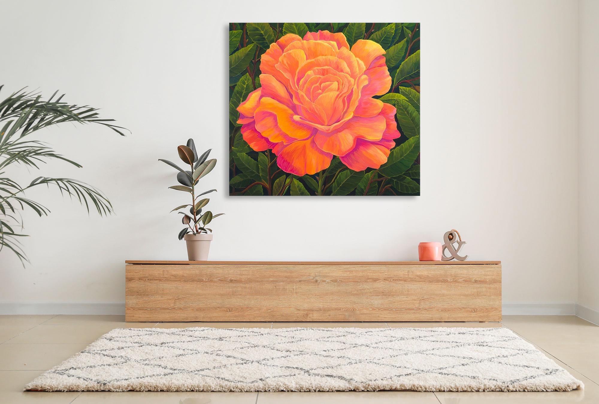Tequila Sunrise Rose Close Up -Oil On Canvas - Landscape Painting By Dante Rondo For Sale 1