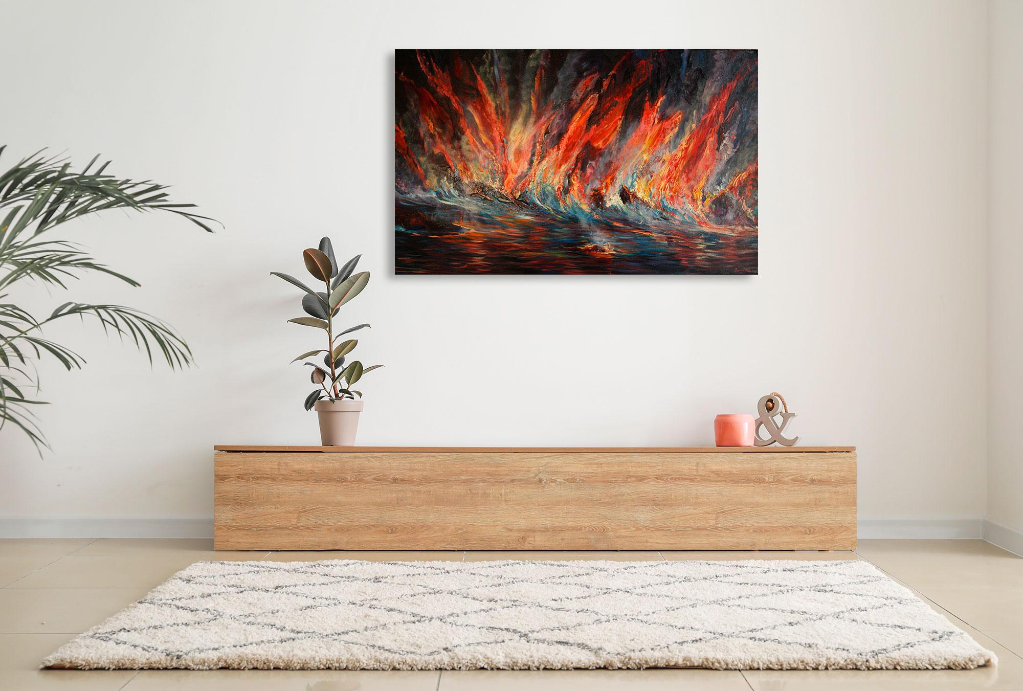 Lava Flow Into Sea - Hawaii - Oil On Canvas - Abstract Painting By Dante Rondo For Sale 1
