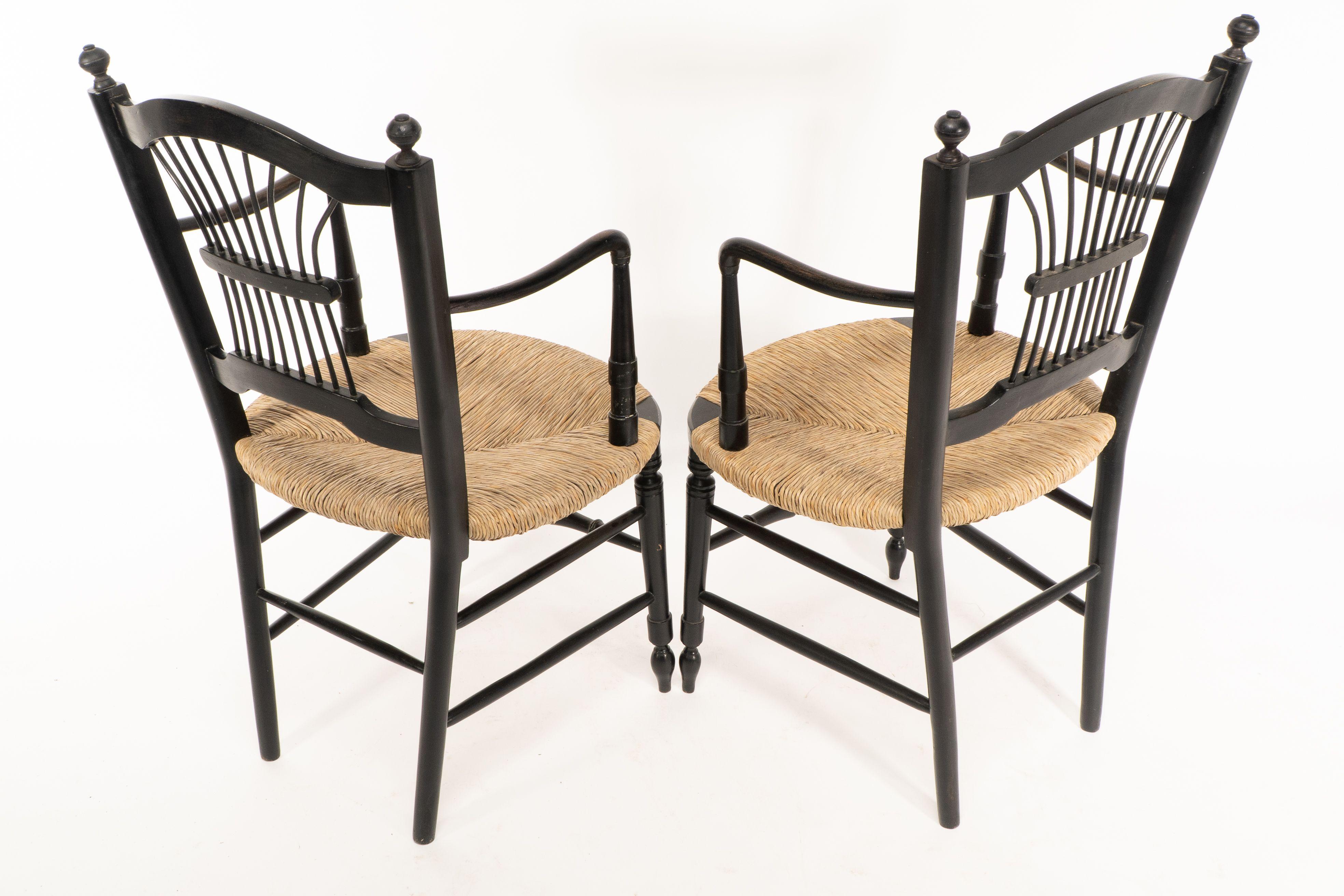 Aesthetic Movement Dante Rossetti for Morris and Co. A pair of rush seated armchairs For Sale