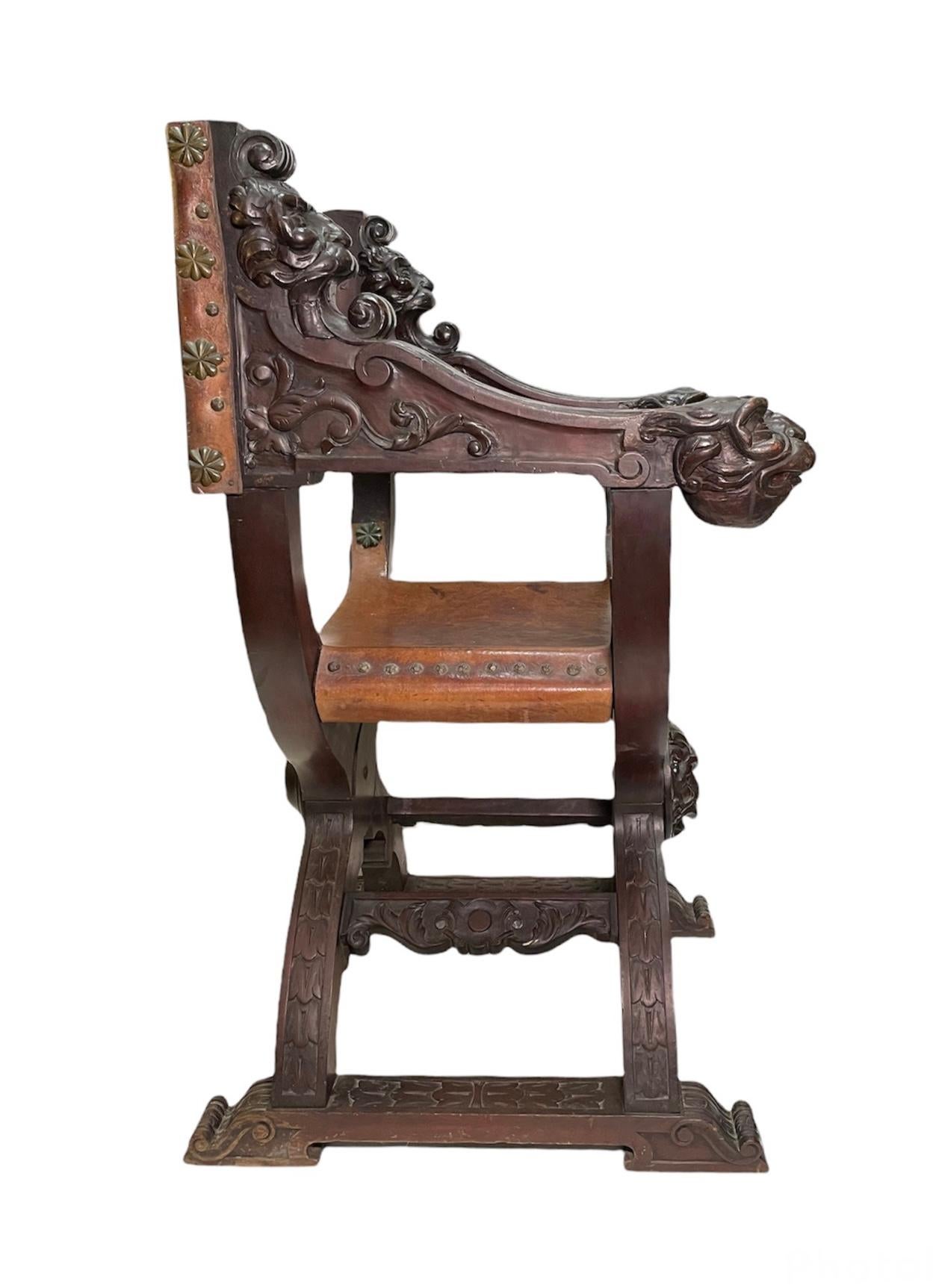 Dante, Savonarola or Crossing Hand Carved Wood Leather Heavy Chair 5