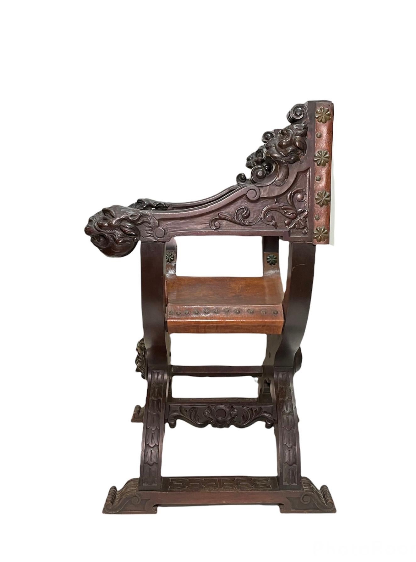 Dante, Savonarola or Crossing Hand Carved Wood Leather Heavy Chair 7