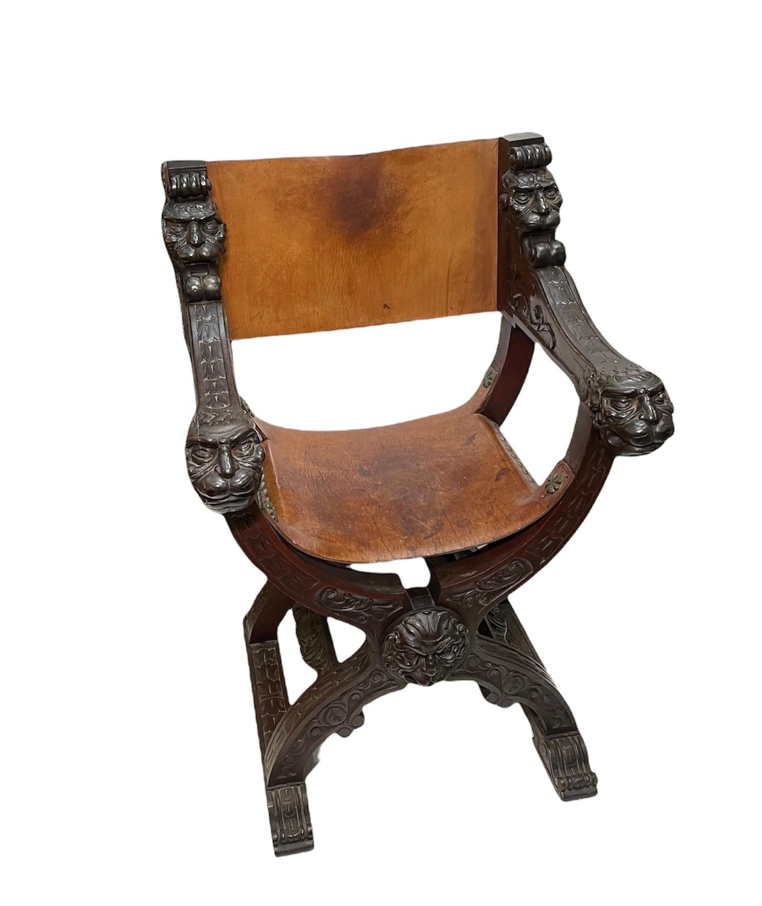 Renaissance Dante, Savonarola or Crossing Hand Carved Wood Leather Heavy Chair