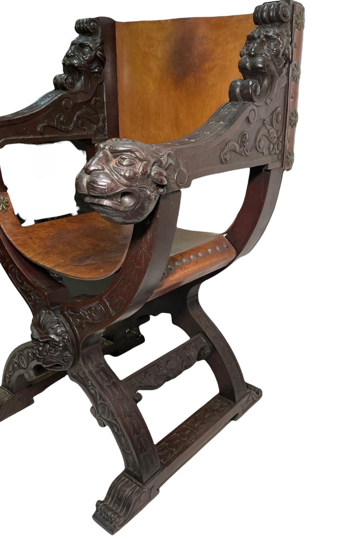 Spanish Dante, Savonarola or Crossing Hand Carved Wood Leather Heavy Chair