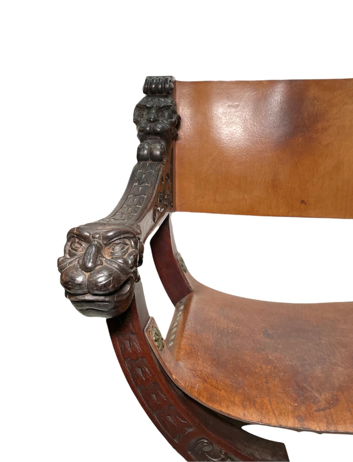 Hand-Carved Dante, Savonarola or Crossing Hand Carved Wood Leather Heavy Chair