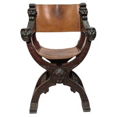 Dante, Savonarola or Crossing Hand Carved Wood Leather Heavy Chair