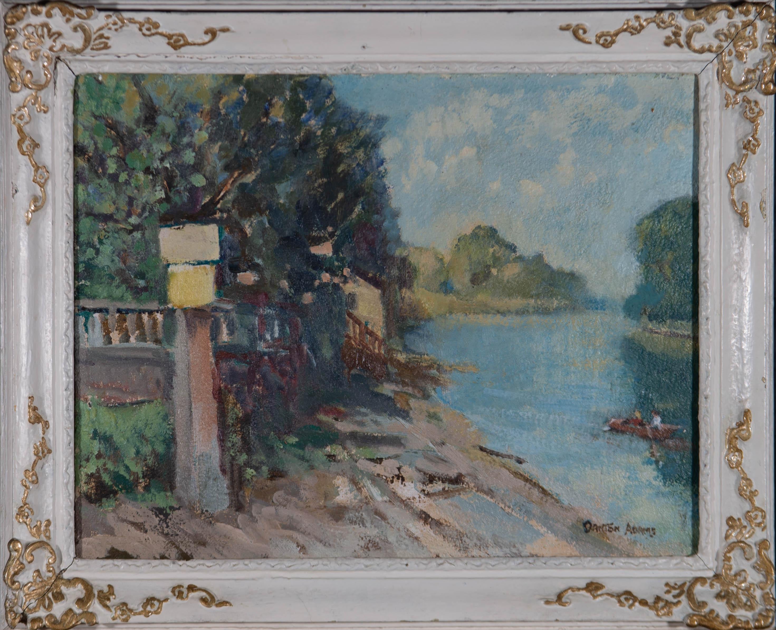 A idyllic mid Century Impressionist oil showing a lazy river scene, with two figures in a rowing boat, floating along under the blue Summer sky. The painting has been signed in the lower right corner and presented in a mid Century white frame with
