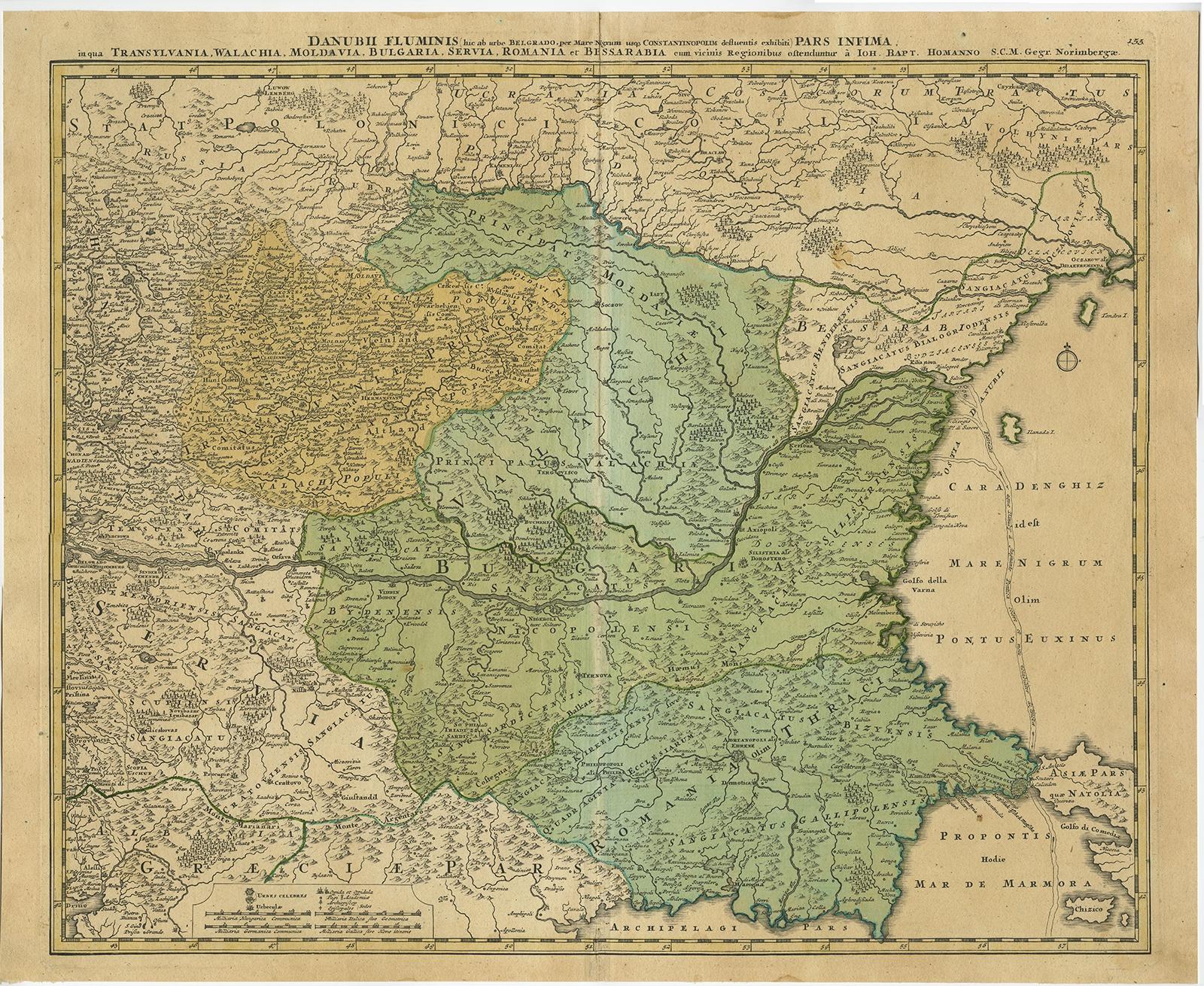 Antike Karte mit dem Titel 'Danubii Fluminis (..)'. 

Regionalkarte der Donau, zeigt die Donau von Belgrad in Serbien, entlang der Grenze zwischen Rumänien und Bulgarien bis zur Mündung in das Schwarze Meer. Rechts unten der Bosporus mit Istanbul