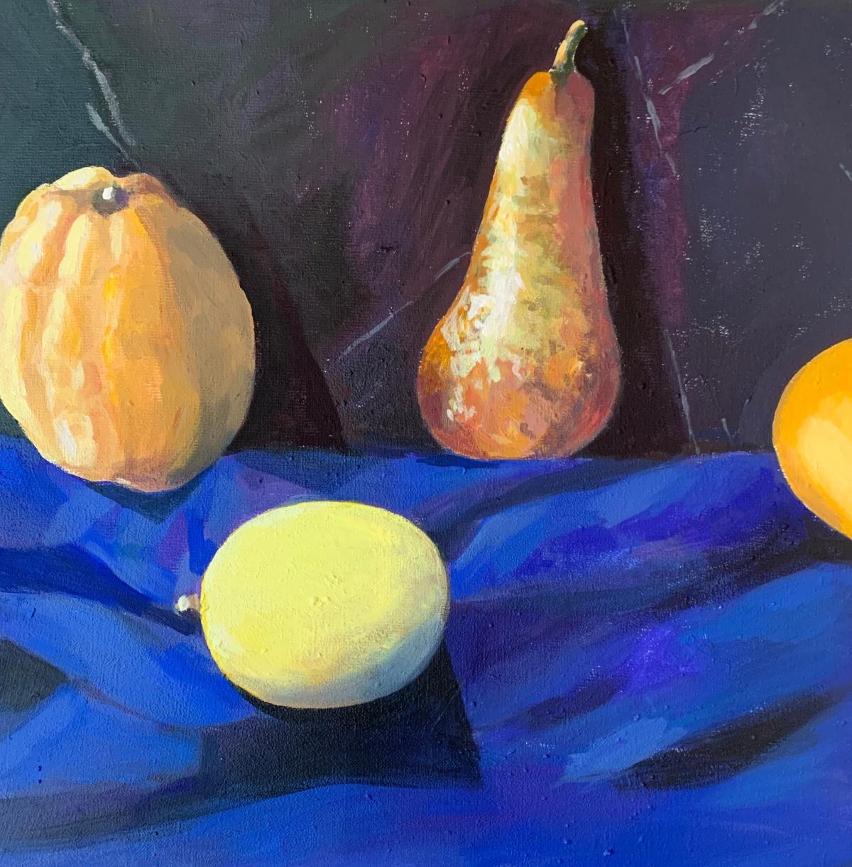 Contemporary still life oil on canvas painting by Polish artist Danuta Dabrowska-Siemaszkiewicz. Painting depicts different fruits.  Background is monochromatic at first sight but actually there are different shades of dark colors. Mainn color