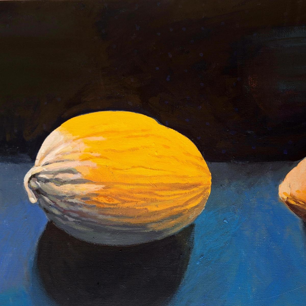 Apfel mit Melonen. Zeitgenössische Stilllebenmalerei, Art deco, Polen – Painting von Danuta Dąbrowska-Siemaszkiewicz