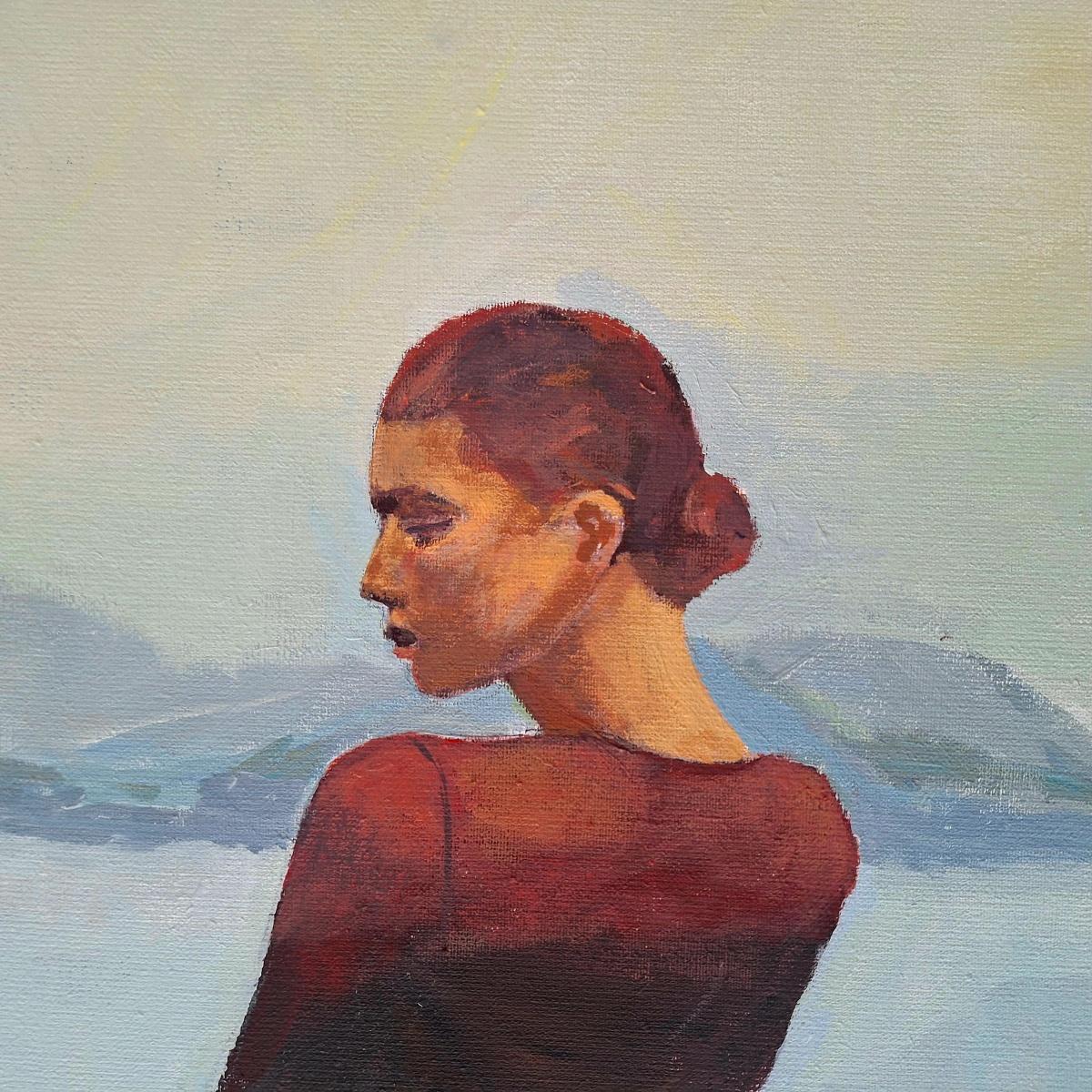 Die Frau im Fenster. Zeitgenössische figurative Malerei, Art deco, polnische Kunst – Painting von Danuta Dąbrowska-Siemaszkiewicz