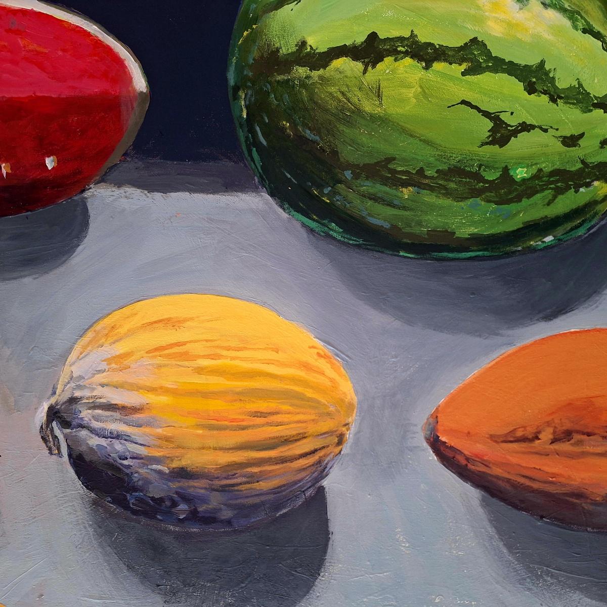 Stilleben mit Wassermelone. Zeitgenössische Stilllebenmalerei, Art deco, Polen – Painting von Danuta Dąbrowska-Siemaszkiewicz