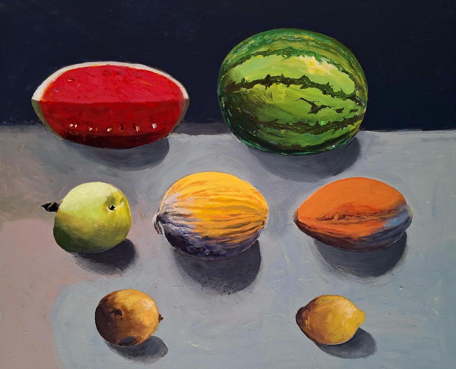 Stilleben mit Wassermelone. Zeitgenössische Stilllebenmalerei, Art deco, Polen