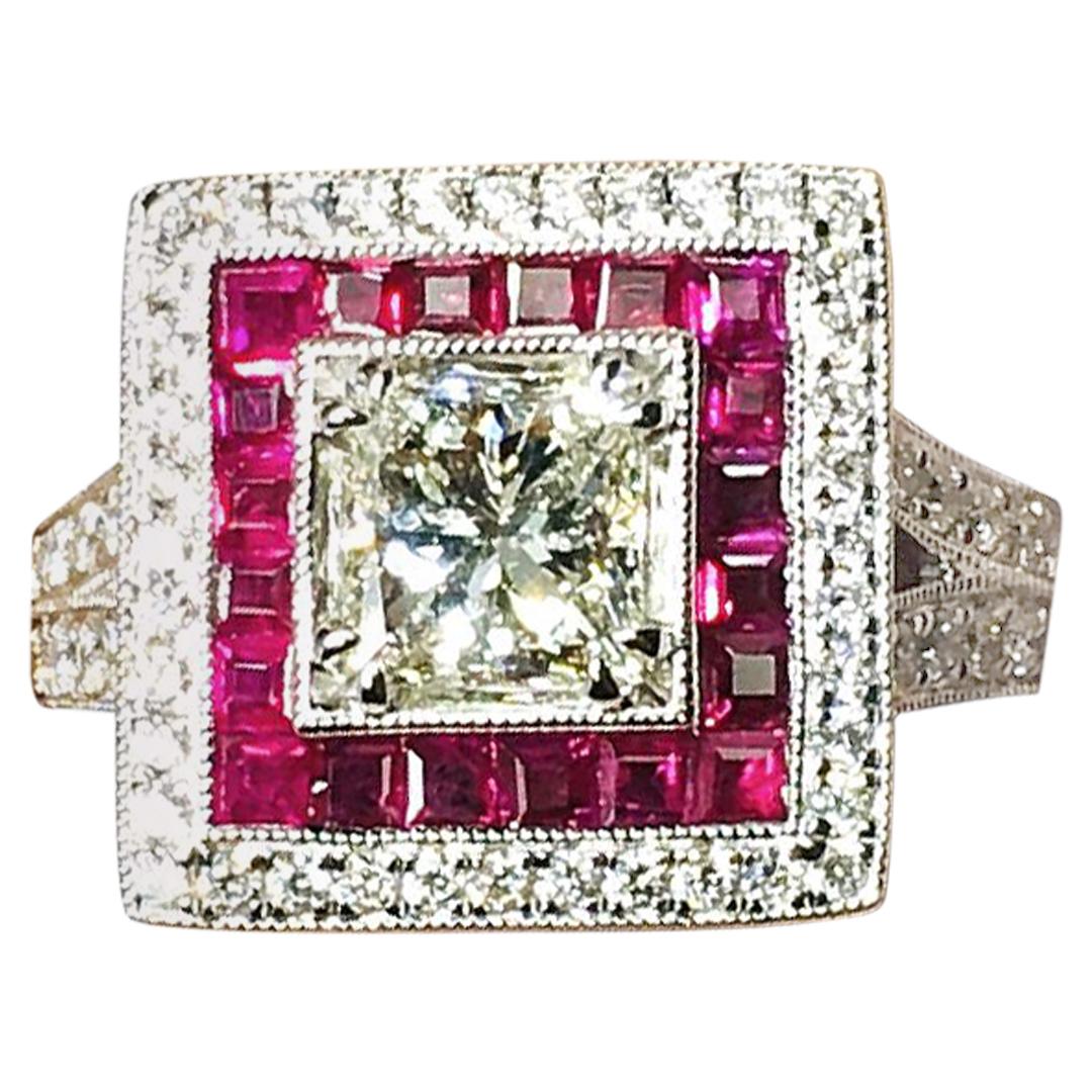 18k Gold 0.86 Carat Princess Cut Diamond and 0.52TCW Ruby Ring For Sale