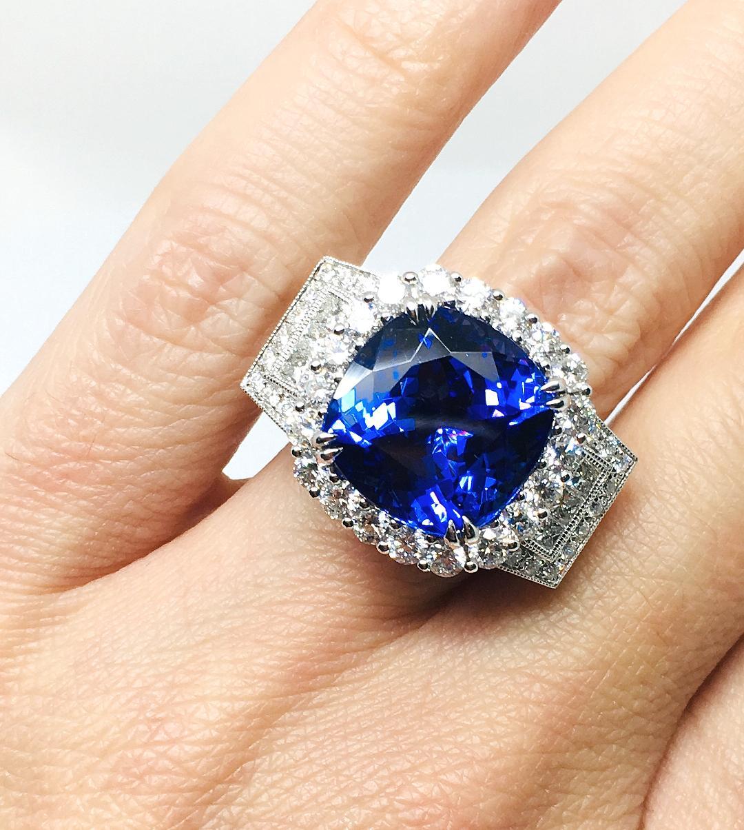 METAL: White Gold
METAL PURITY: 18k
TANZANITE: 12.33 Total Carat Weight
64 R Diamonds :  1.75 Carat Weight
6 P Diamonds : 0.35 Carat Weight
COLOR : F
CLARITY : VS2
SIZE: 7 
COMES WITH AUTHENTICITY PAPERS.