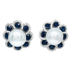 18 Karat Gold 4.45 Carat Sapphire, Diamond and South Sea Pearl Earrings