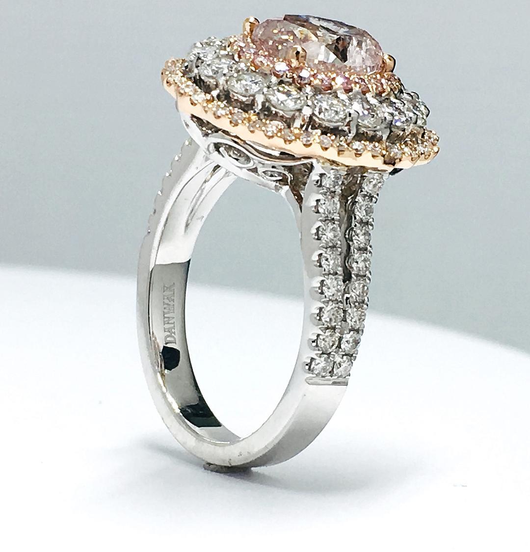 GIA 1.87 Carat Fancy Brownish Pink Diamond Triple Halo Ring For Sale 4