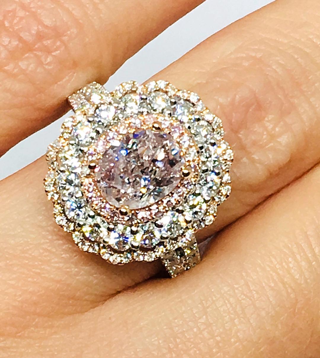 GIA 1.87 Carat Fancy Brownish Pink Diamond Triple Halo Ring For Sale 5