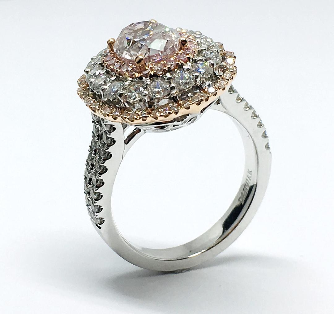 GIA 1.87 Carat Fancy Brownish Pink Diamond Triple Halo Ring For Sale 2