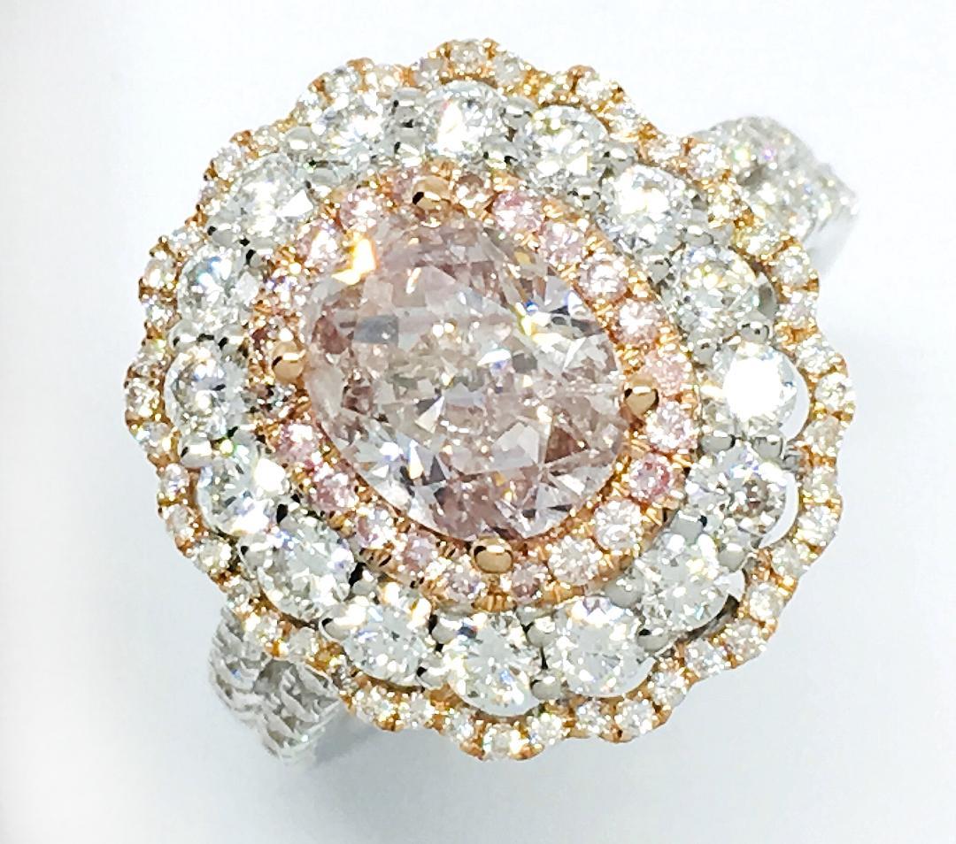 GIA 1.87 Carat Fancy Brownish Pink Diamond Triple Halo Ring For Sale 3