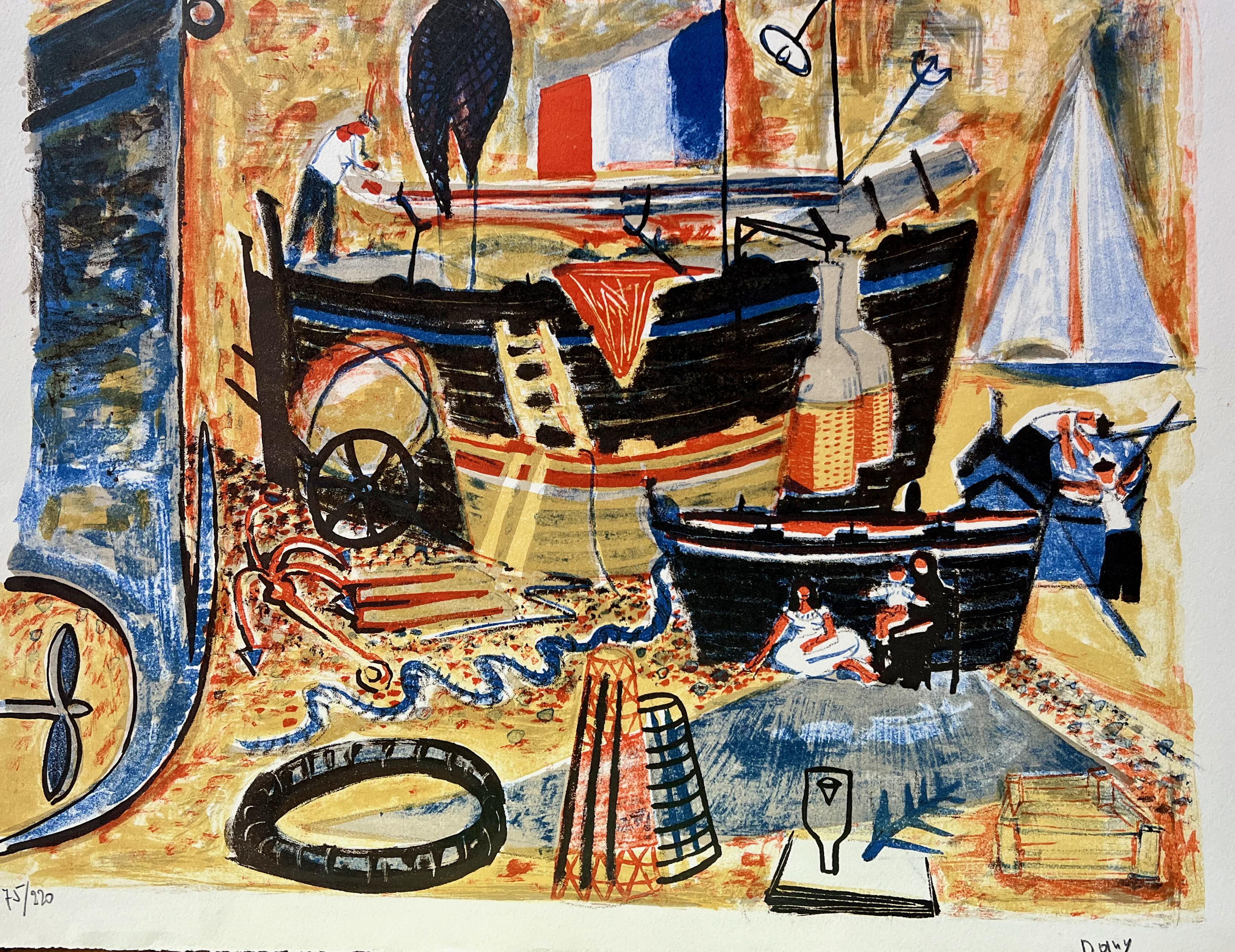 Dany Lartigue Abstract Painting - Bateaux, original lithograph