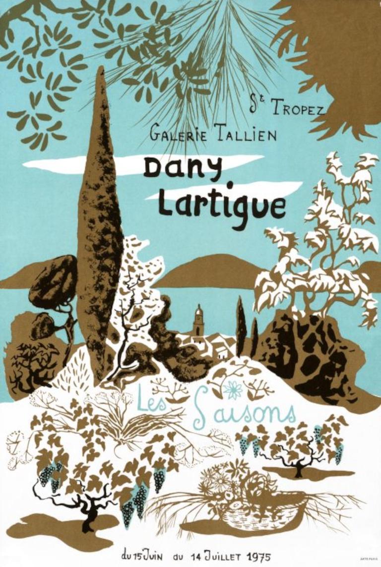 Une belle affiche lithographique pour une exposition des œuvres de Dany Lartigue à la Galerie Tallien, une galerie d'affiches et d'illustrations à Saint-Tropez. Lartigue (1921-2017) a vécu de nombreuses années à Saint-Tropez et y a fondé une