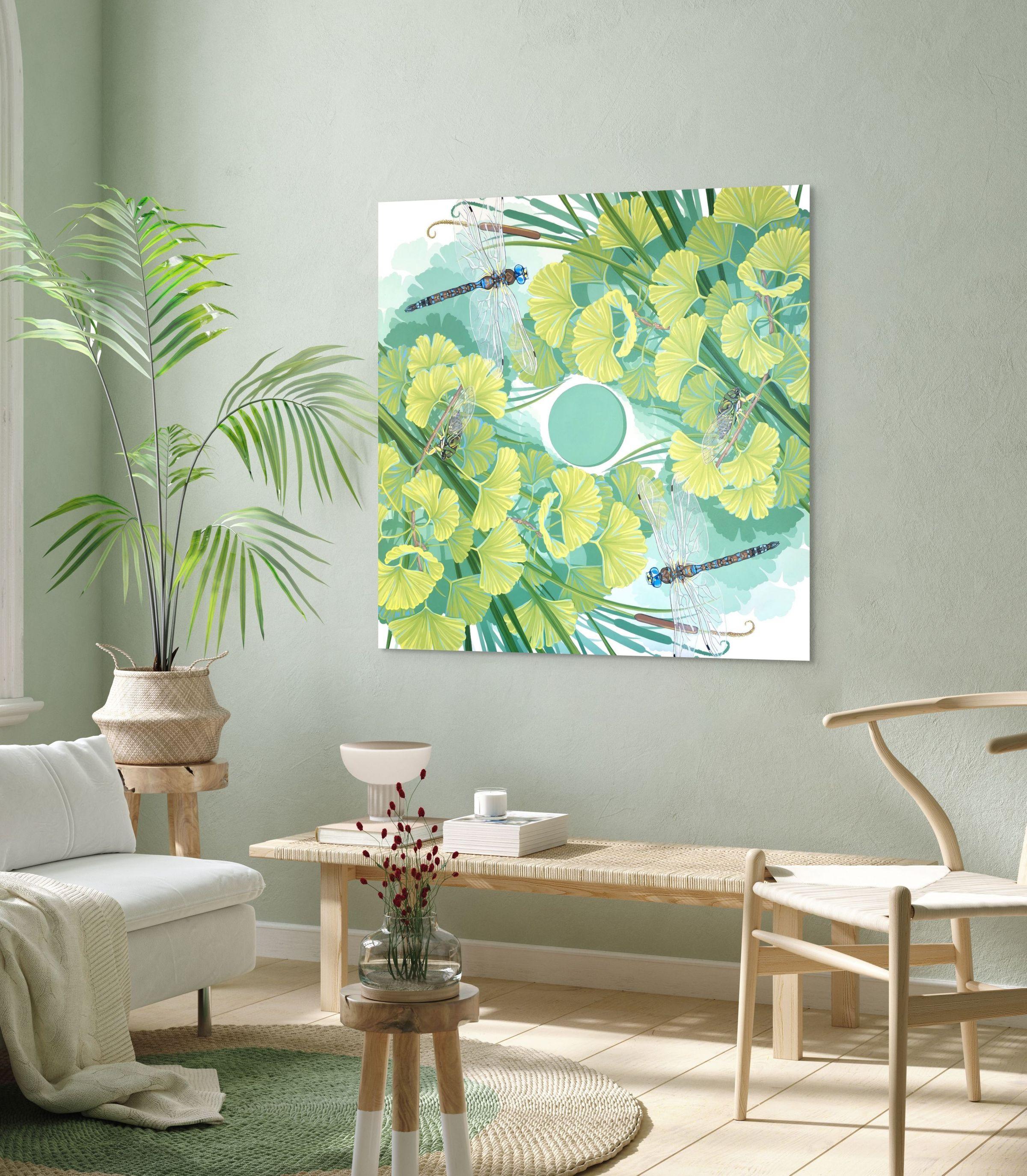 SPINNING: Cattail & Dragonfly Ginkgo & Cicada - Painting by Danza Davis