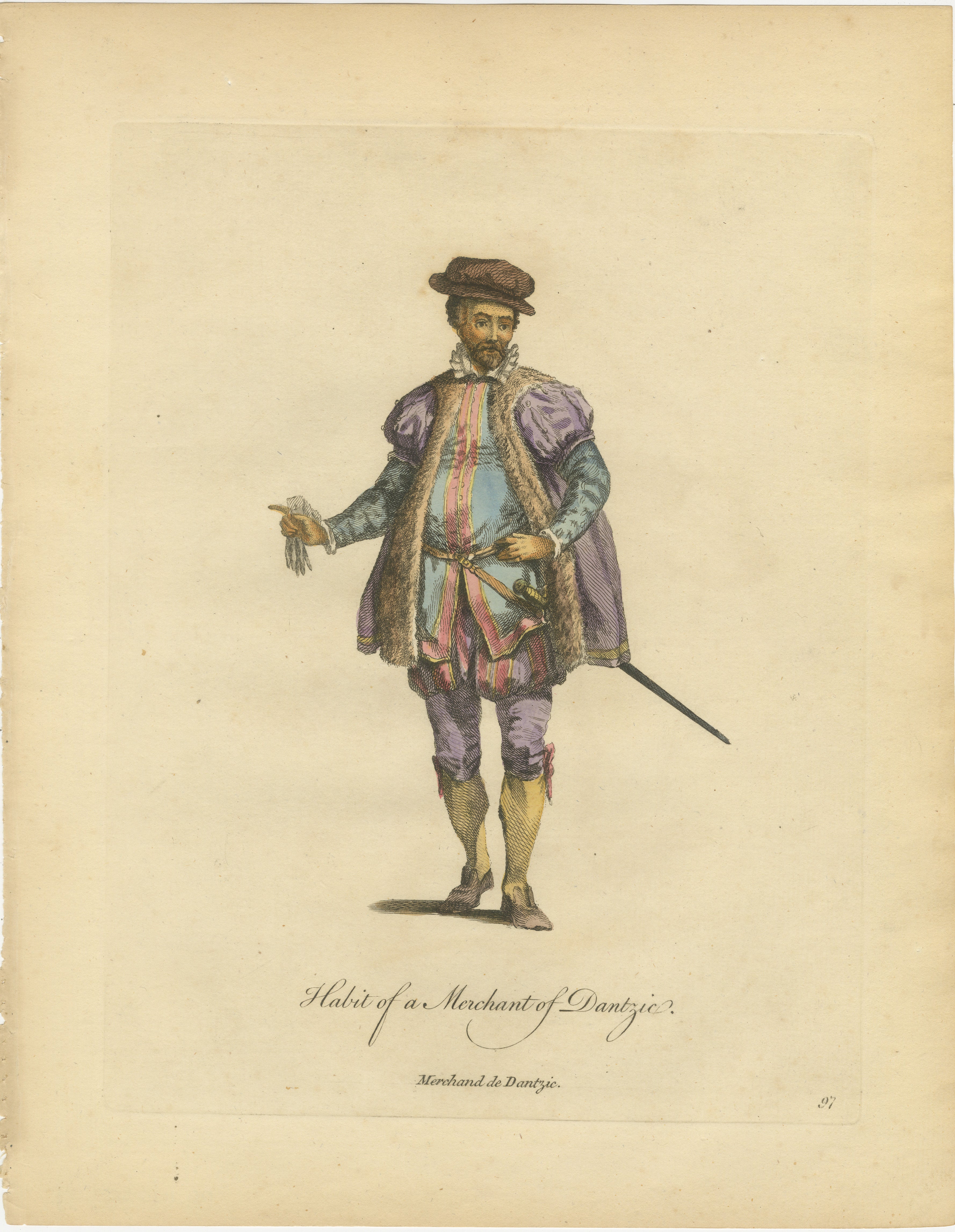 Danzig Merchant Costume Engraving, Polish Trade Figure, Hand-Colored, 1749