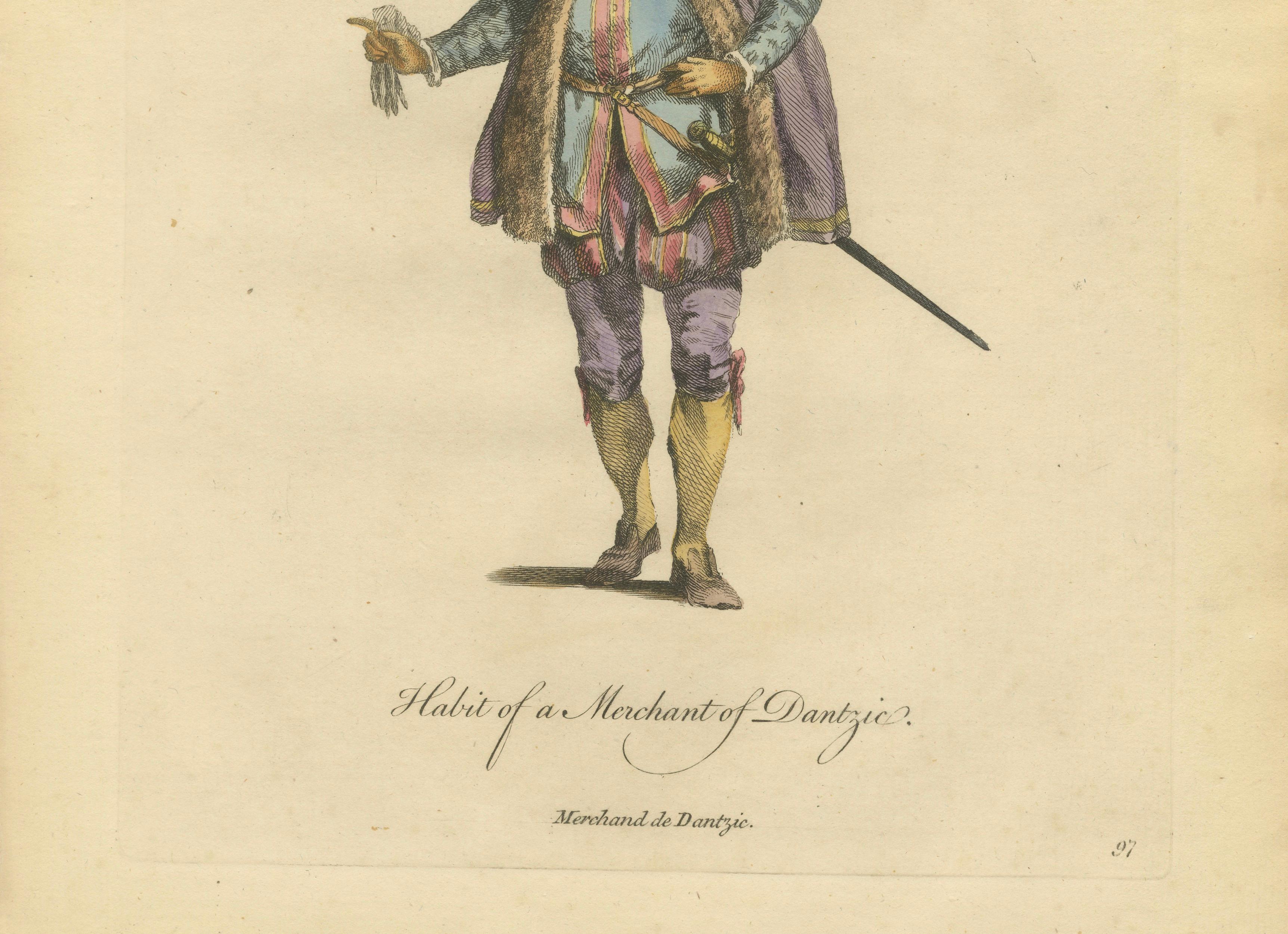 Danzig Merchant Costume Engraving, Polish Trade Figure, Hand-Colored, 1749