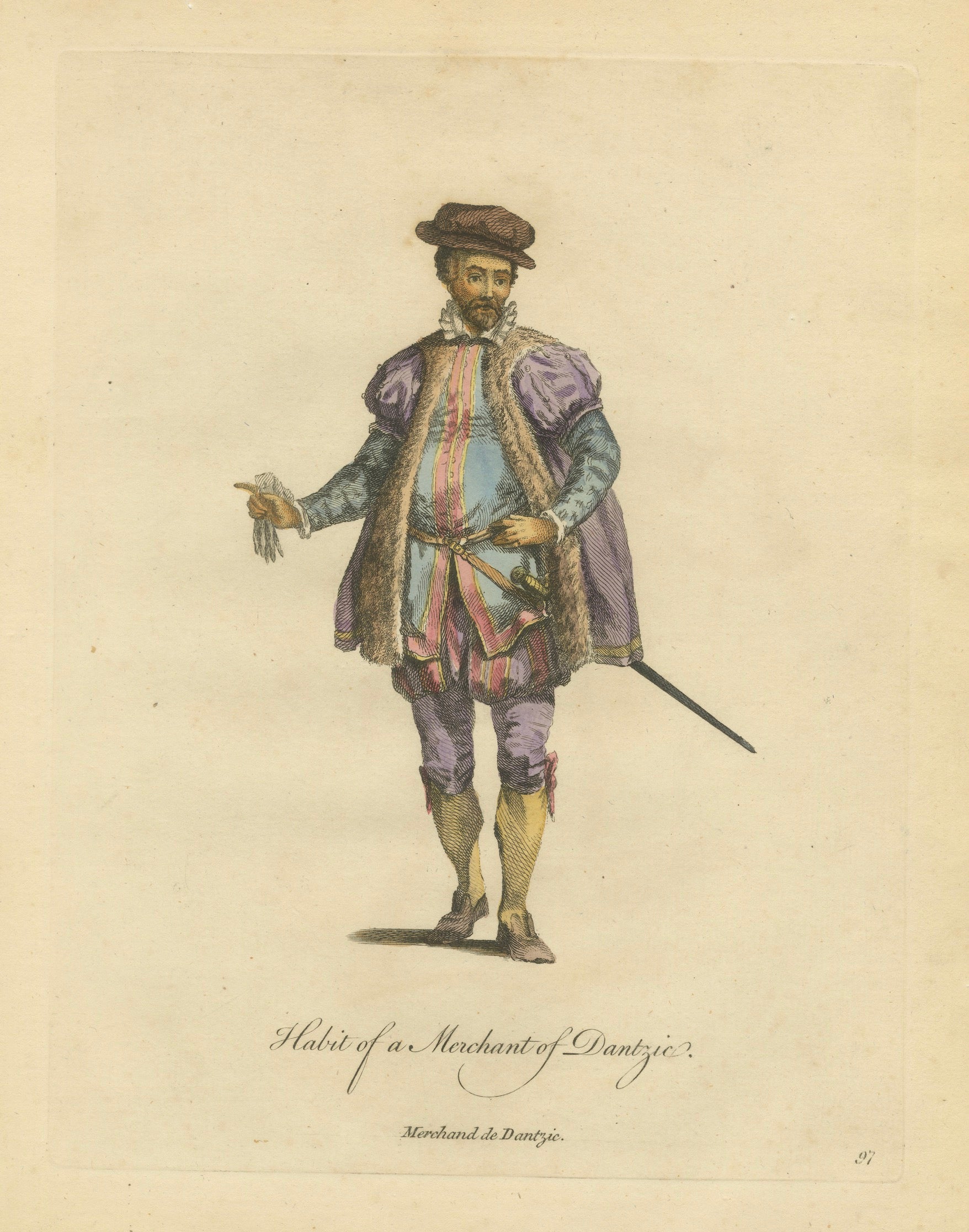 Danzig Merchant Costume Engraving, Polish Trade Figure, Hand-Colored, 1749