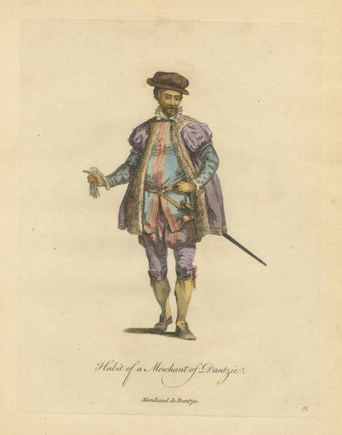 Danzig Merchant Costume Engraving, Polish Trade Figure, Hand-Colored, 1749