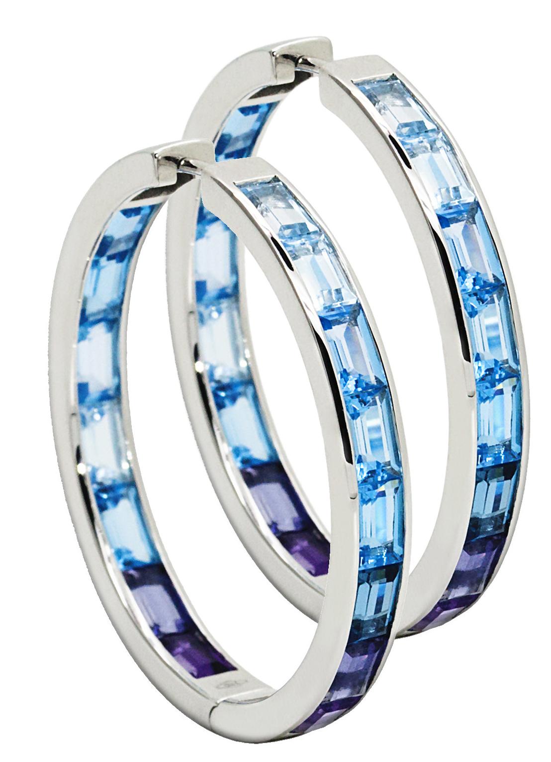 Women's Daou Sunset Sunrise Hoops Earrings White Gold and Blue Gemstones For Sale