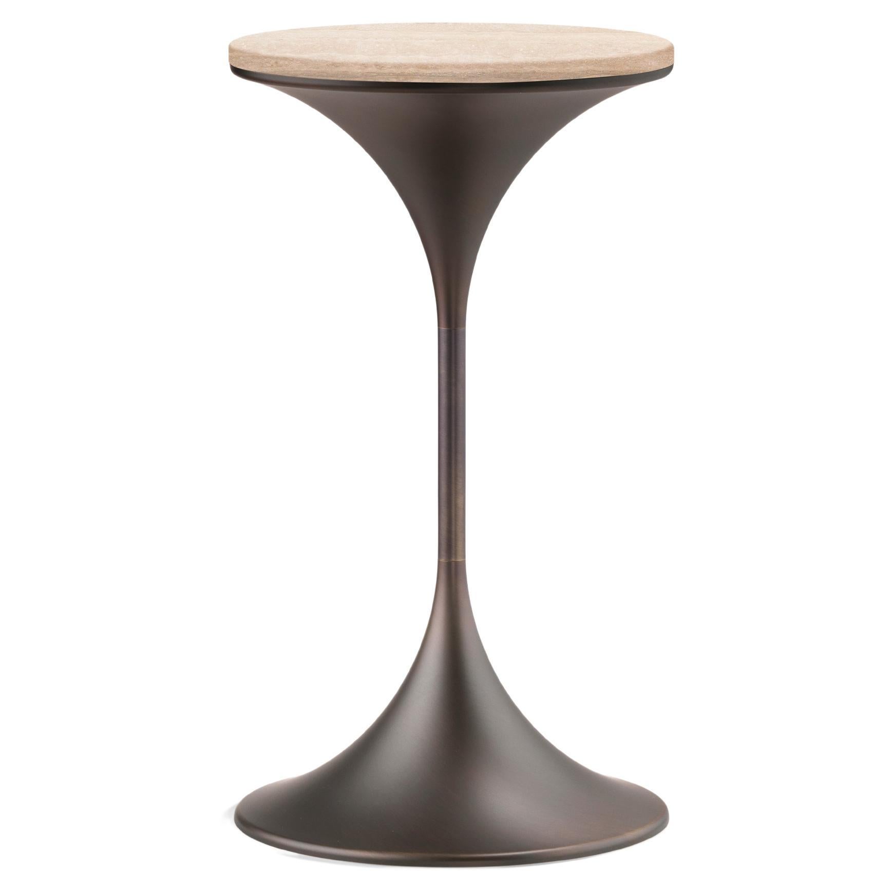 Dapertutto Tall Table, Travertino Top, Burnished Brass , Made in Italy For Sale