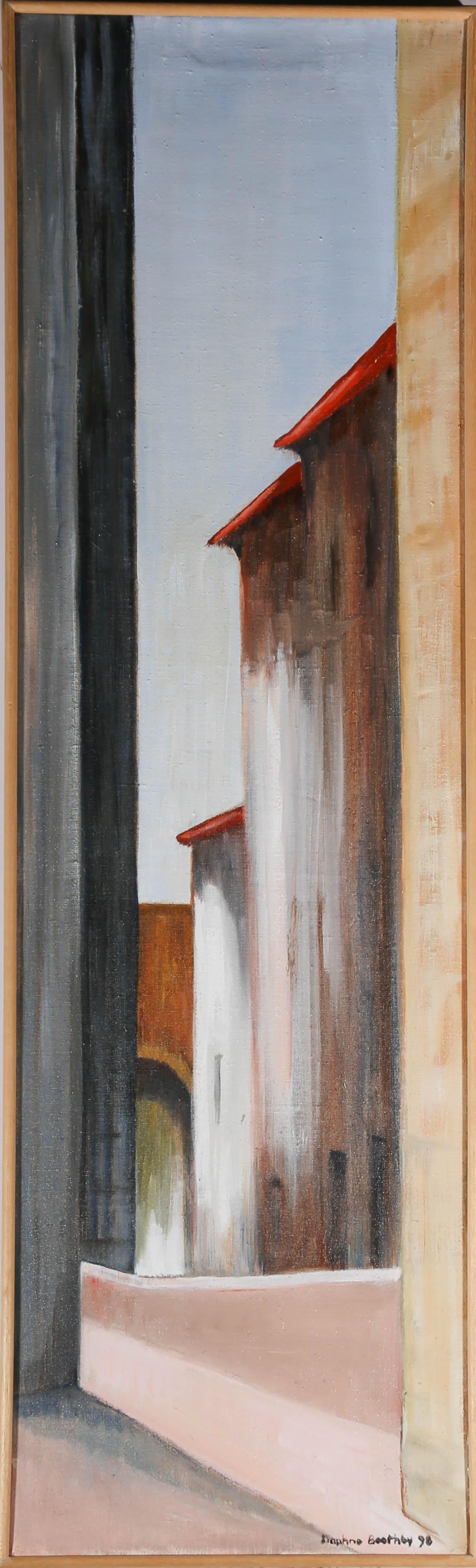 A charming study of a continental street in a muted palette. The artist has used sweeping brush marks to emphasise the the elongated forms in the composition. Signed and dated to the lower right. Presented in a thin wooden frame. On canvas on
