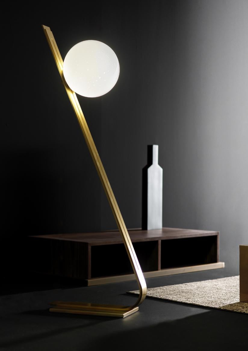 Daphne brass Italian floor lamp by Esperia
Daphne lamp made entirely of brass and glass with our “Pulegoso” effect. 
Available in table, suspension, floor and wall version.
Measures : Glass diameter 14 cm (table and wall lamp) - 30 cm (suspension