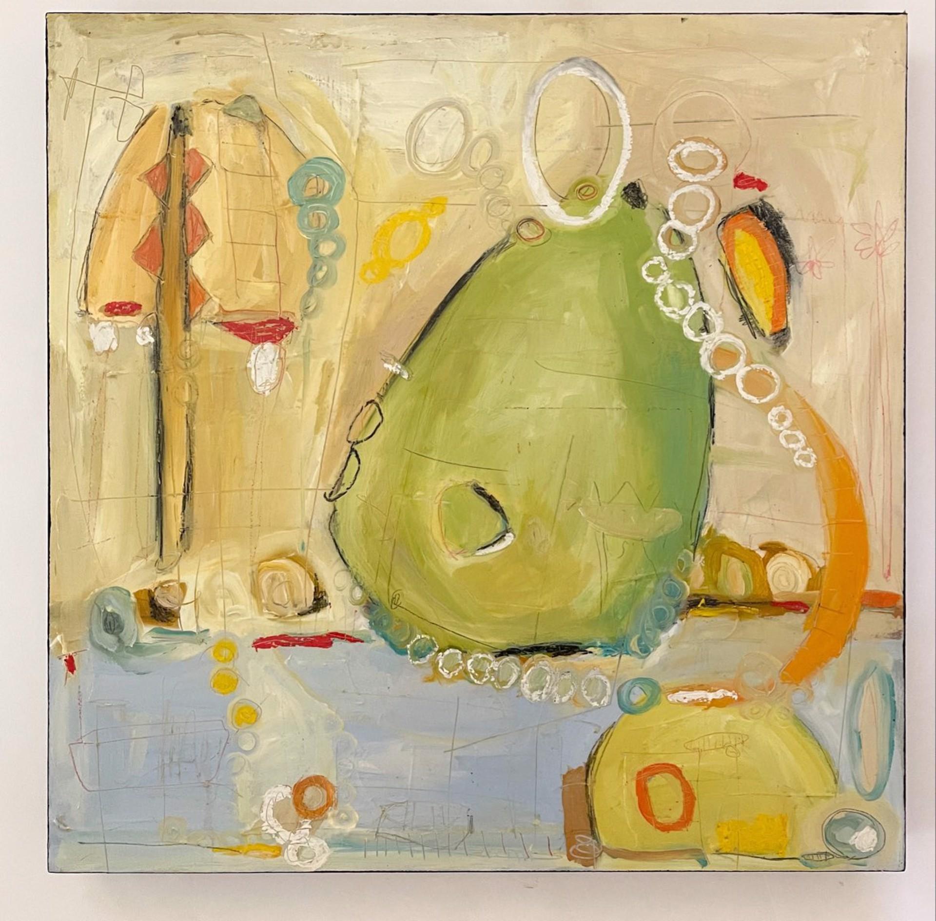 Daphne Covington Abstract Painting - Setting Orange, abstract, contemporary, green, orange, and blue