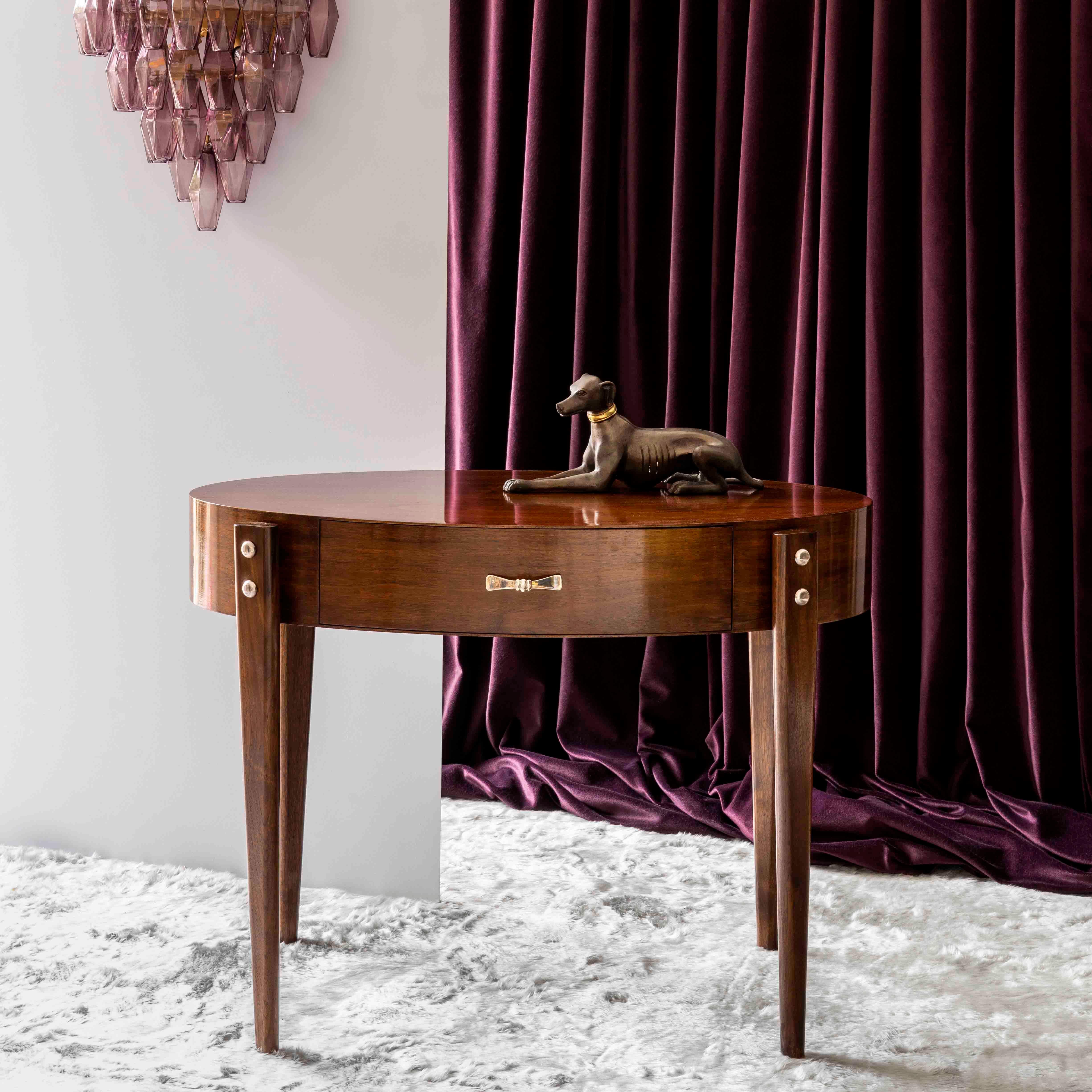 English Daphne Desk or Table - Bespoke - shown in Walnut, Antique Silver Handles For Sale