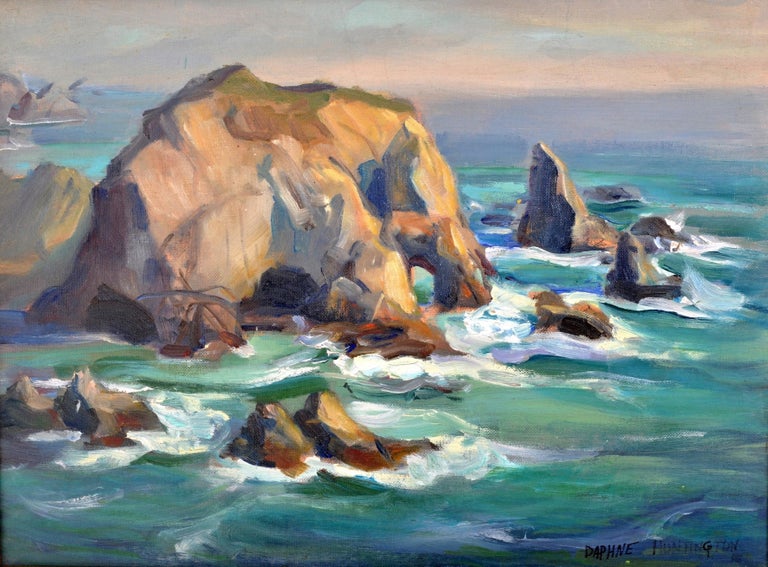 California Impressionist Oil on Canvas Painting Seascape Rocks at Malibu 1930's - Brown Landscape Painting by Daphne Huntington